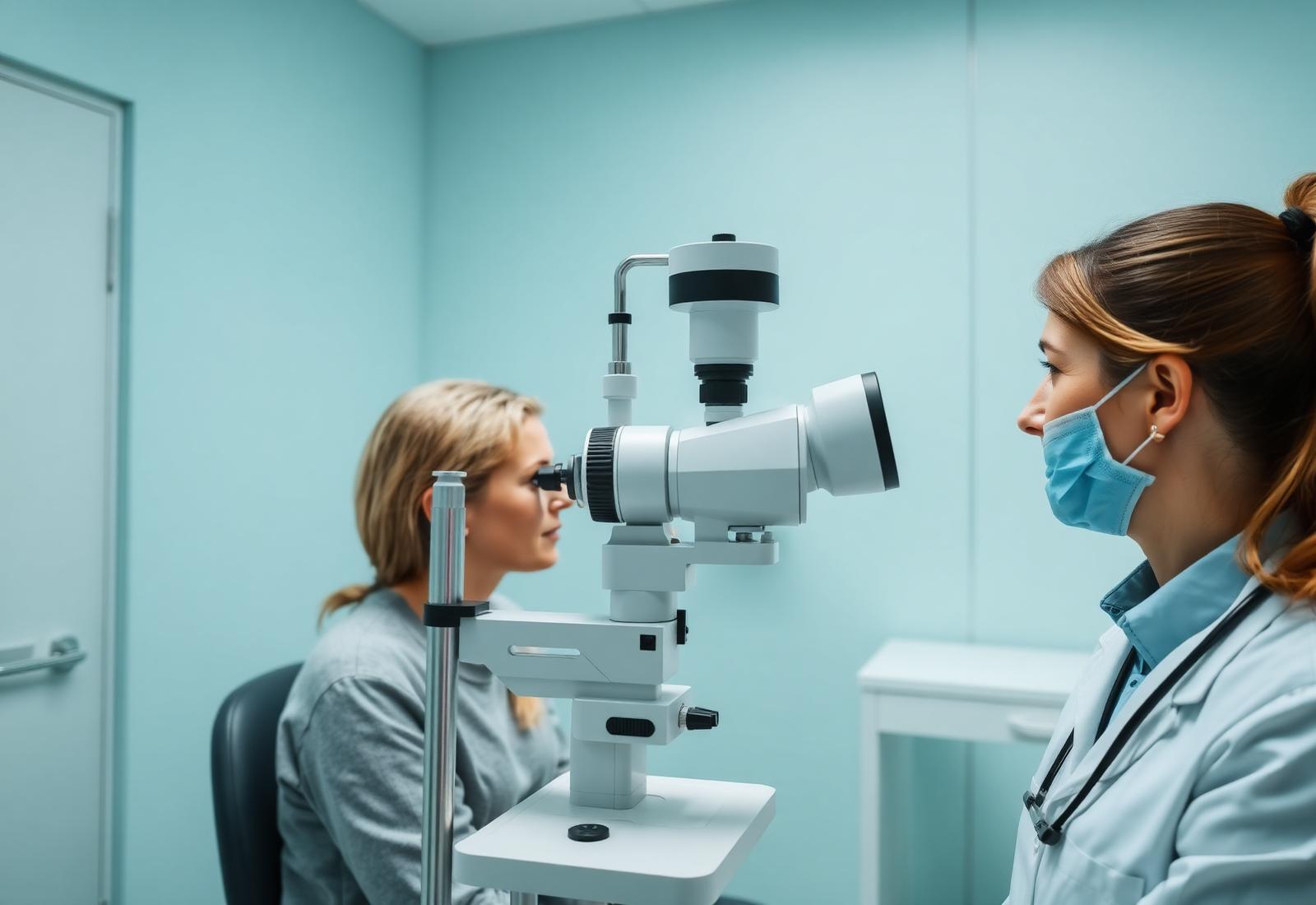 Oftalmologista realizando exame com lâmpada de fenda em consultório moderno
